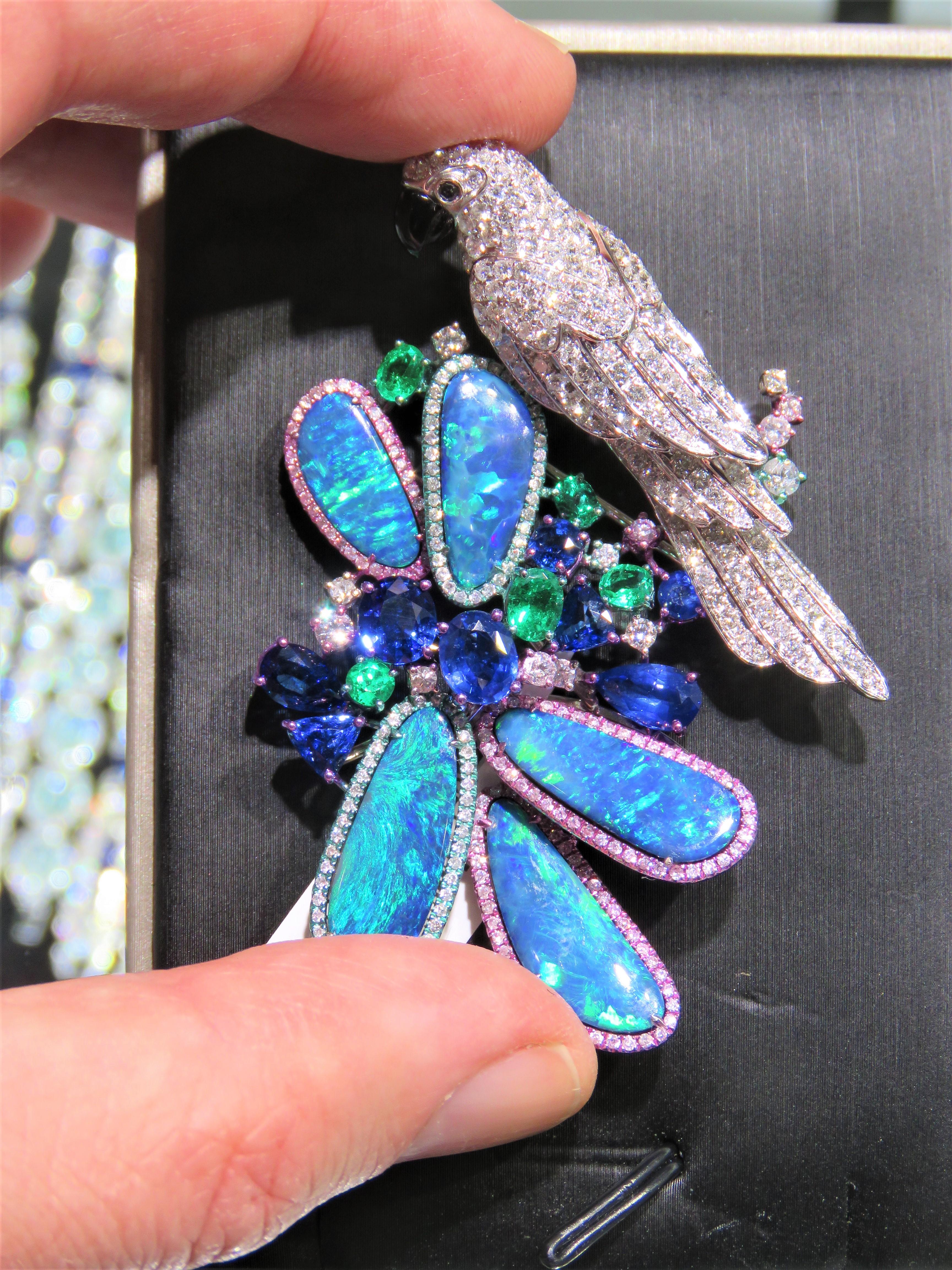 Women's NWT $46, 800 Rare 18KT Black Opal Fancy Parrot Diamond Sapphire Emerald Brooch For Sale