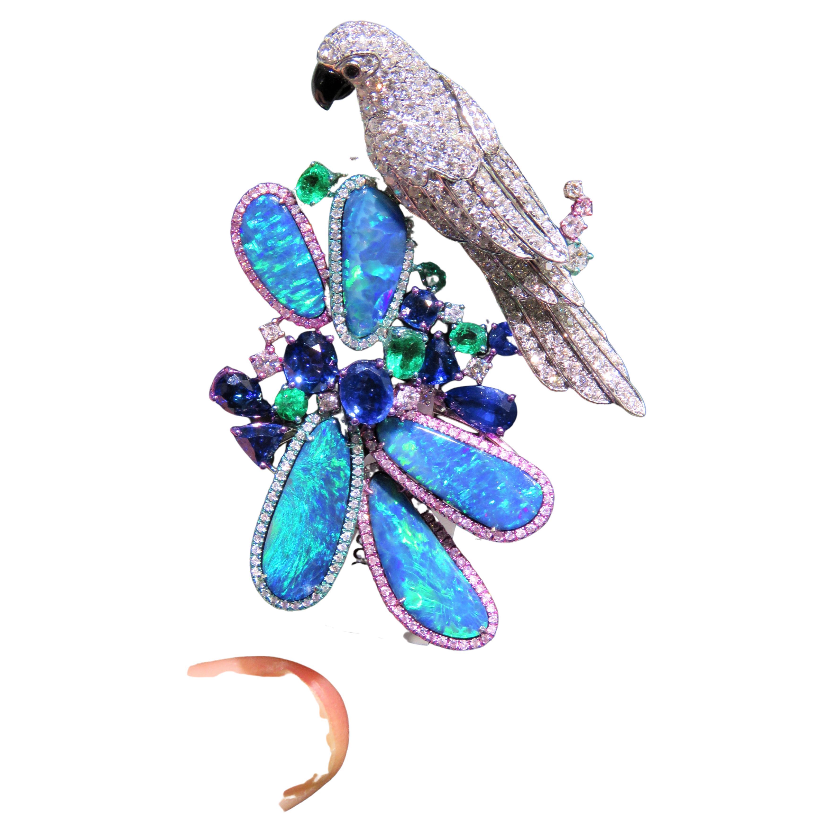NWT $46,800 Rare 18KT Black Opal Fancy Parrot Diamond Sapphire Emerald Brooch en vente