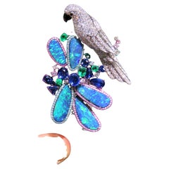 NWT $46, 800 Rare 18KT Black Opal Fancy Parrot Diamond Sapphire Emerald Brooch