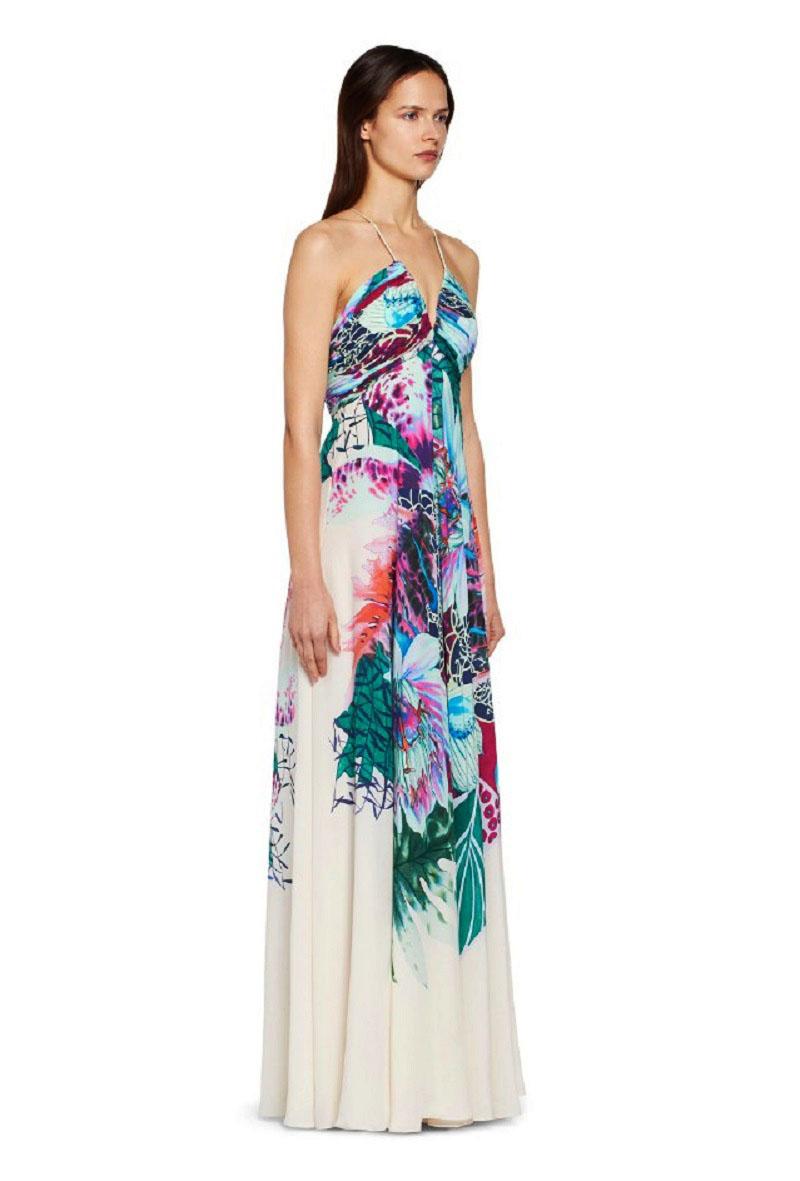 NWT $4850 FW 2018 Roberto Cavalli Exotic Flora Print Ivory Silk Maxi Dress It 46 Gris en venta