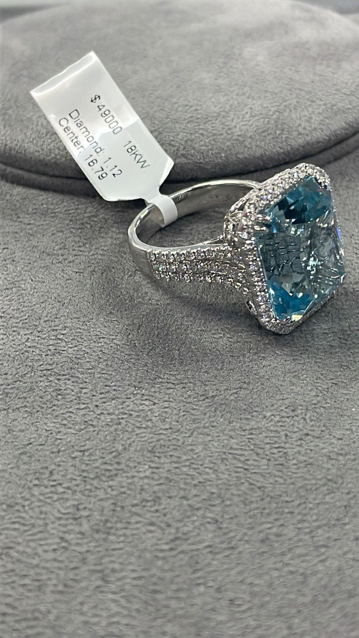 Emerald Cut NWT $49, 000 18KT Gold Important Large 18CT Fancy Large Aquamarine Diamond Ring For Sale