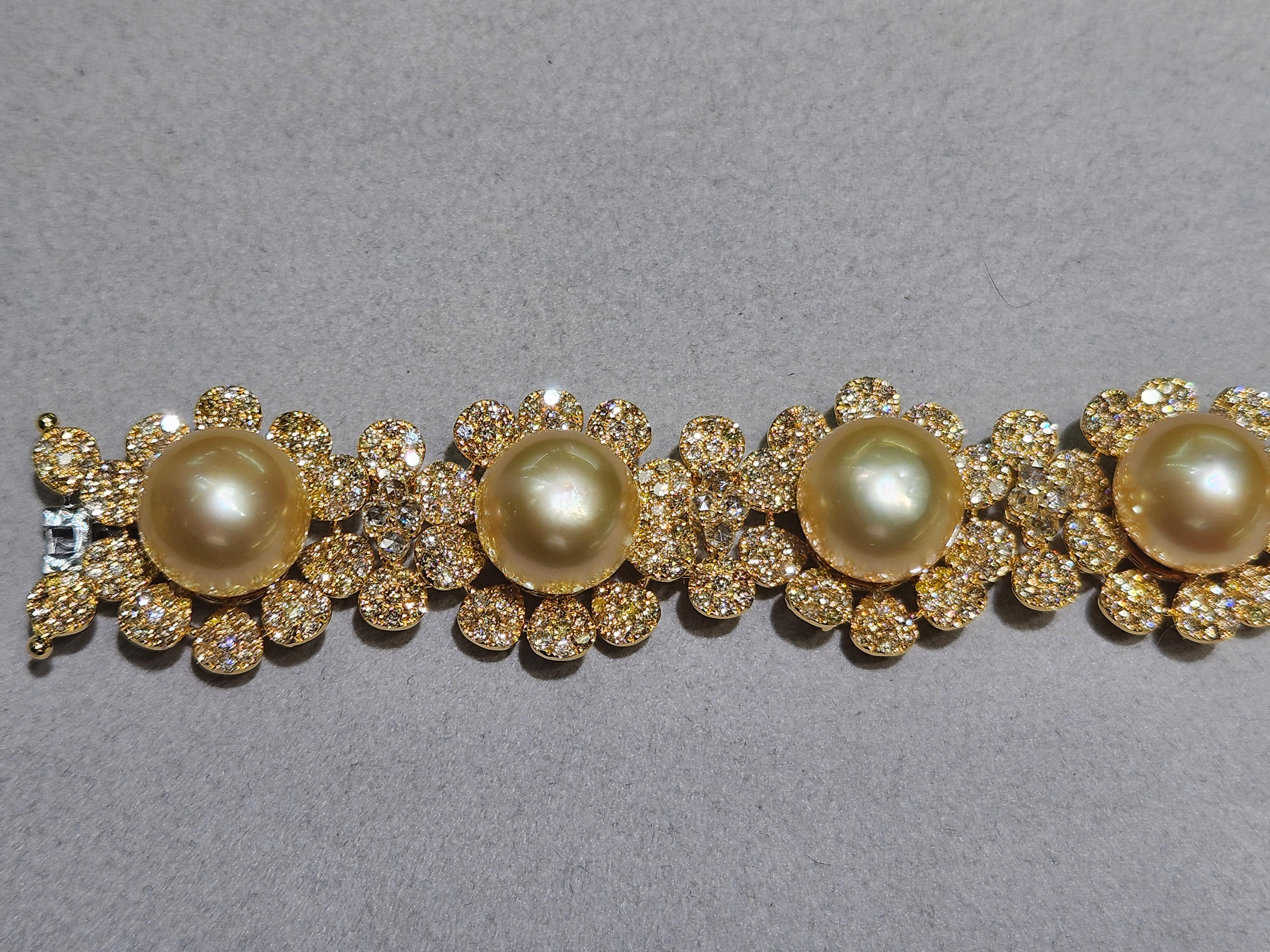 Women's NWT 49, 600 Gorgeous 18KT Gold South Sea Pearl Fancy Yellow Diamond Bracelet For Sale