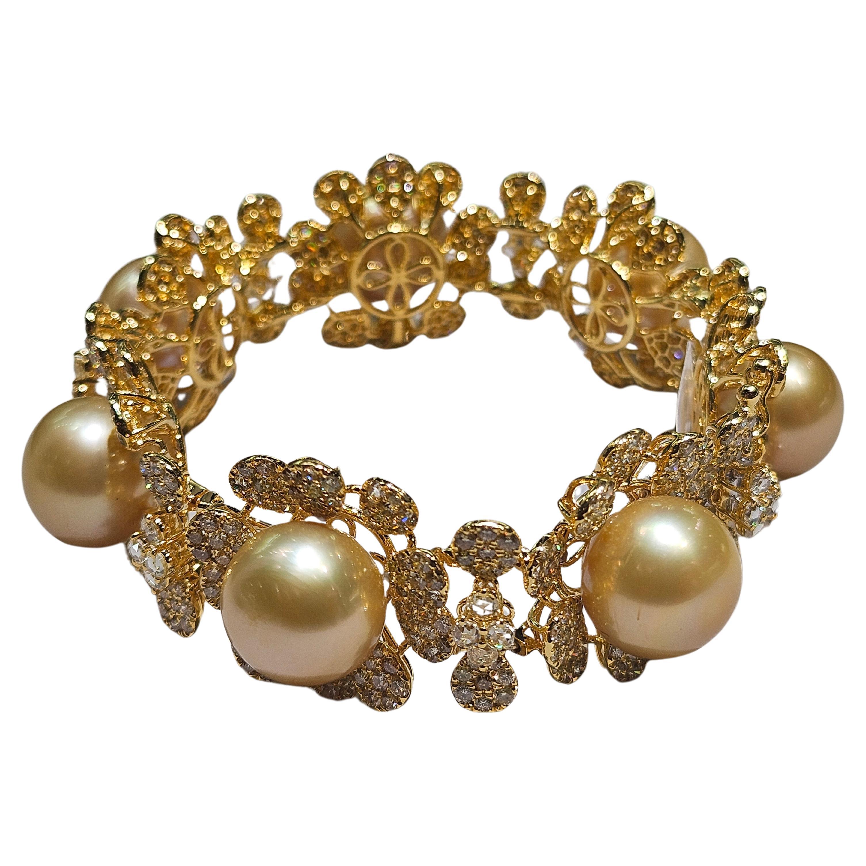 NWT 49, 600 Gorgeous 18KT Gold South Sea Pearl Fancy Yellow Diamond Bracelet For Sale
