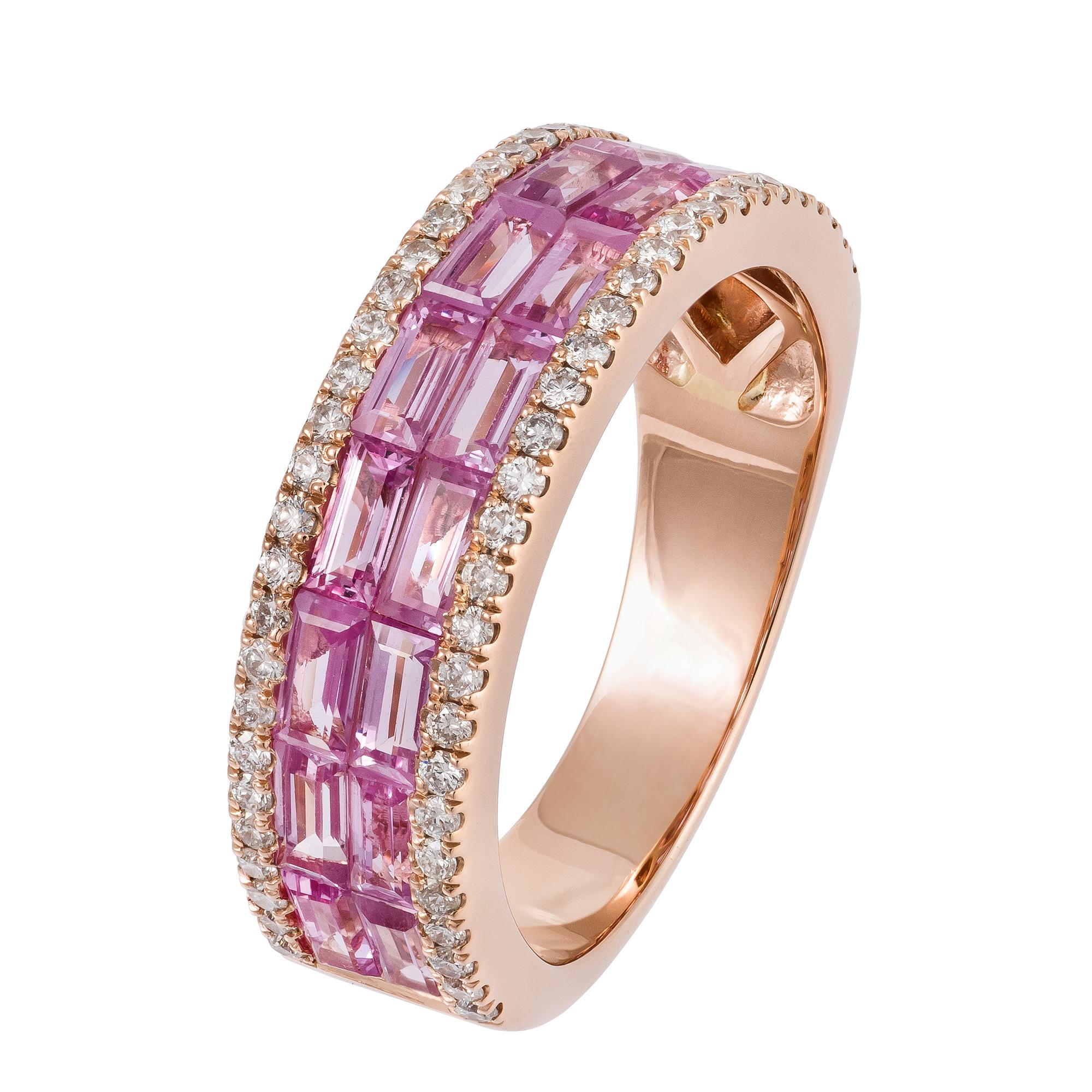 The Following Item we are offering is this Rare Important Radiant 18KT Gold Gorgeous Glittering and Sparkling Magnificent Fancy Shaped Tapered Baguette Pink Sapphire and Diamond Ring. Ring Contains almost 3CTS of Beautiful Fancy Emerald Cut Tapered