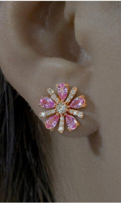 NWT $5, 500 18KT Gold Fancy 3CT Pink Sapphire Floral Flower Diamond Earrings