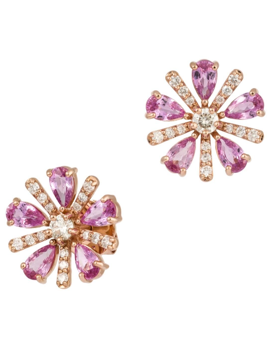 Taille mixte Boucles d'oreilles fleurs fantaisie en or 18 carats avec saphir rose 3 carats, 5 500 $, neuves avec étiquette en vente