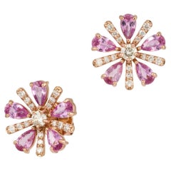 NWT $5, 500 18KT Gold Fancy 3CT Pink Sapphire Floral Flower Diamond Earrings
