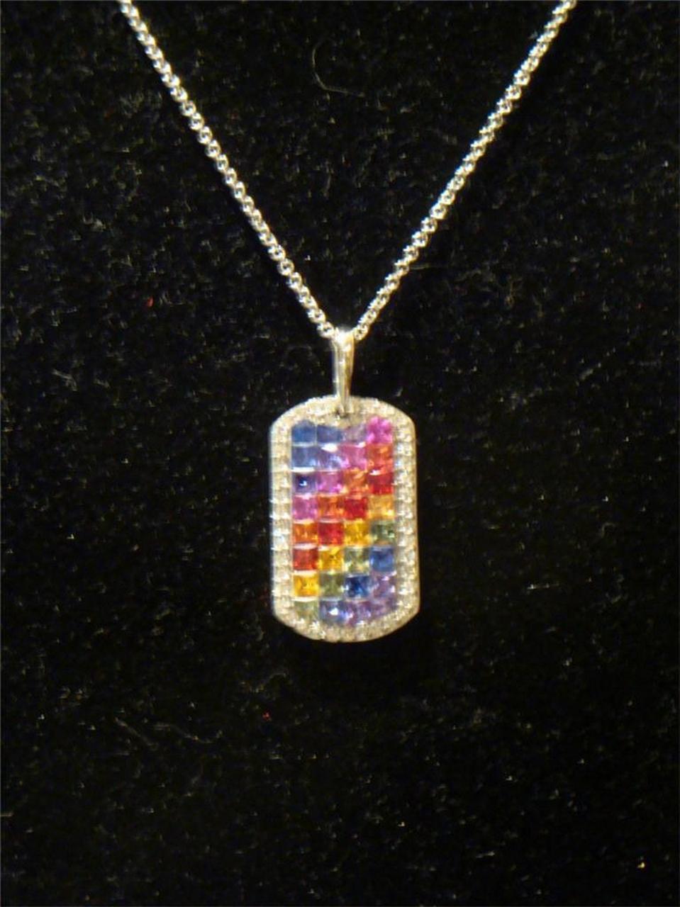 The Following Item we are offering is this Beautiful Rare Important 18KT Italian White Gold Blue, Purple, Orange, Red, Green Sapphire and Diamond Pendant Tag Necklace. Necklace is comprised of 3 1/2 Carats of Fine Colorful Genuine Multi Colored