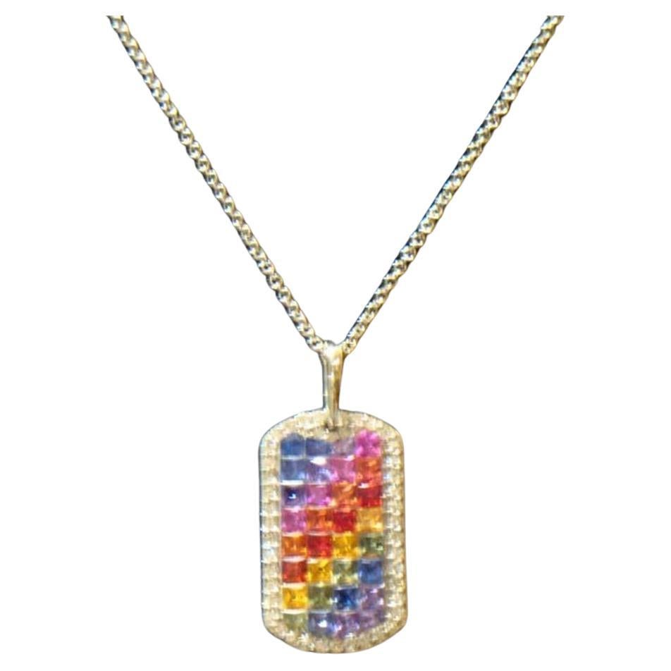 NWT $5, 500 Important 18KT Large Fancy Rainbow Sapphire Diamond Pendant Necklace For Sale