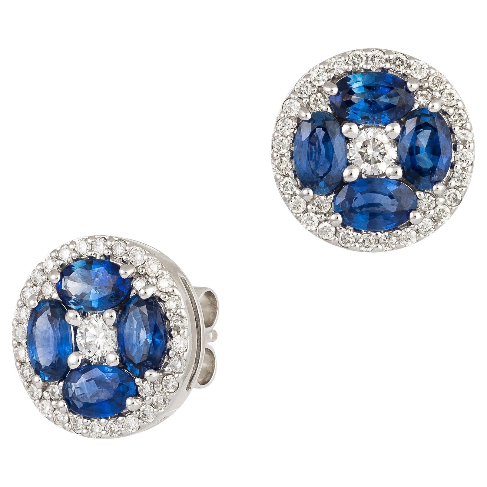 NWT $5, 500 Magnifique 18KT Fancy Blue Sapphire Floral Diamond Stud Earrings