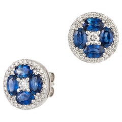 NWT $5, 500 Magnifique 18KT Fancy Blue Sapphire Floral Diamond Stud Earrings