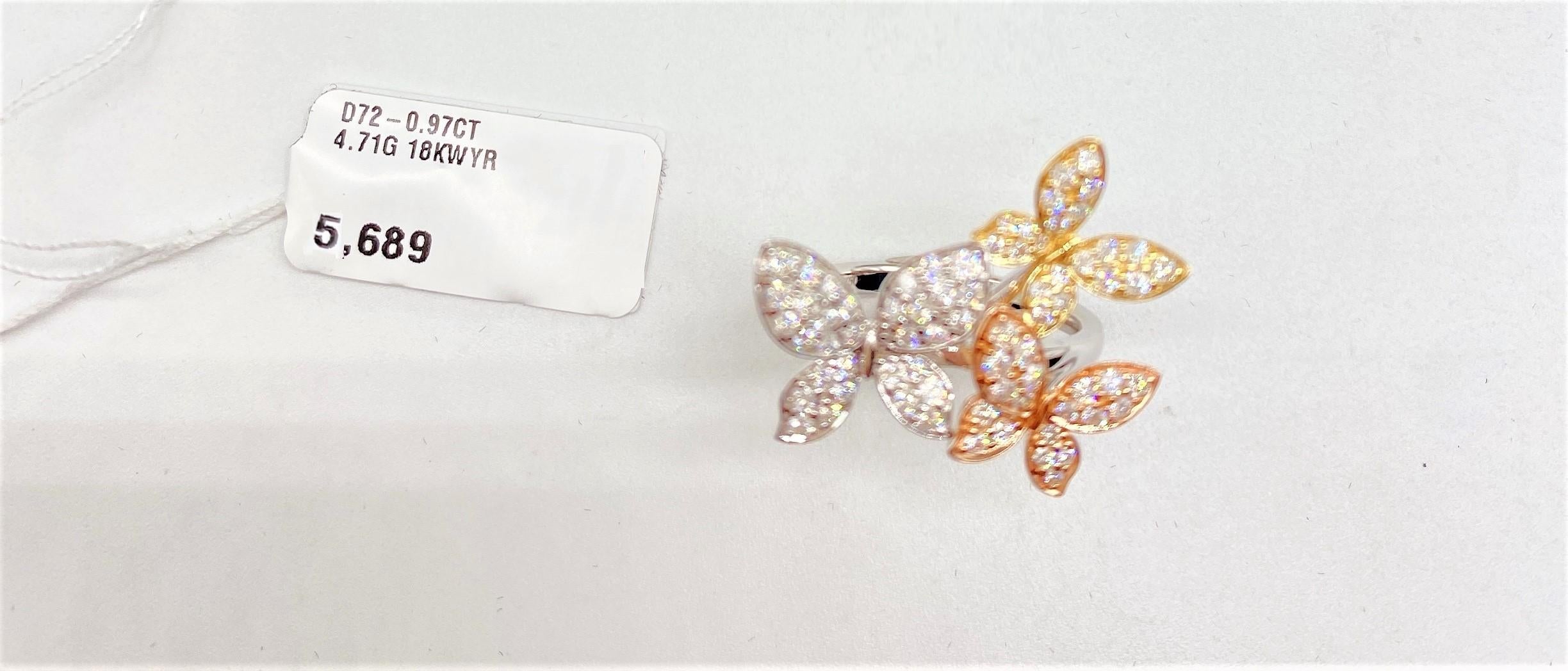 Round Cut NWT 5, 689 18KT Rose Yellow Gold Rare Gorgeous Diamond Three Butterfly Ring For Sale