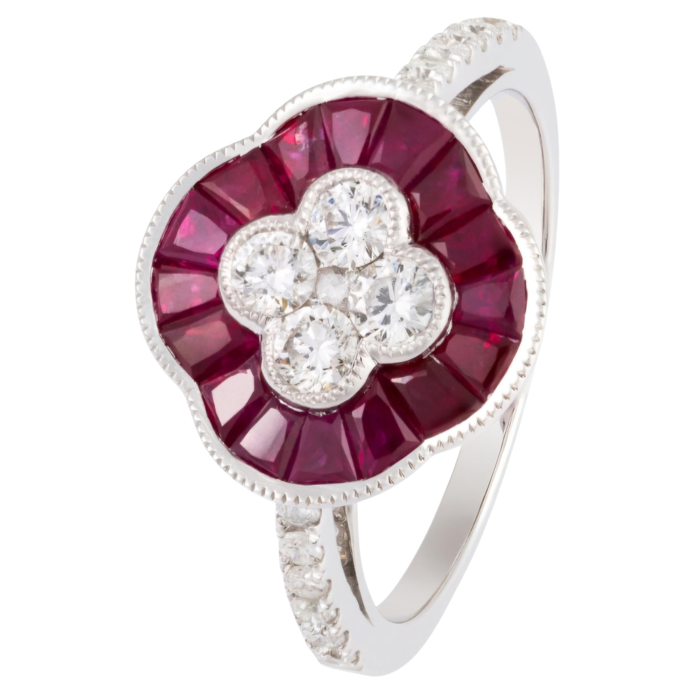 NWT $5, 750 Rare 18KT Gold Fancy Glittering Ruby Diamond Flower Clover Ring