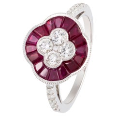 NWT $5, 750 Rare 18KT Gold Fancy Glittering Ruby Diamond Flower Clover Ring