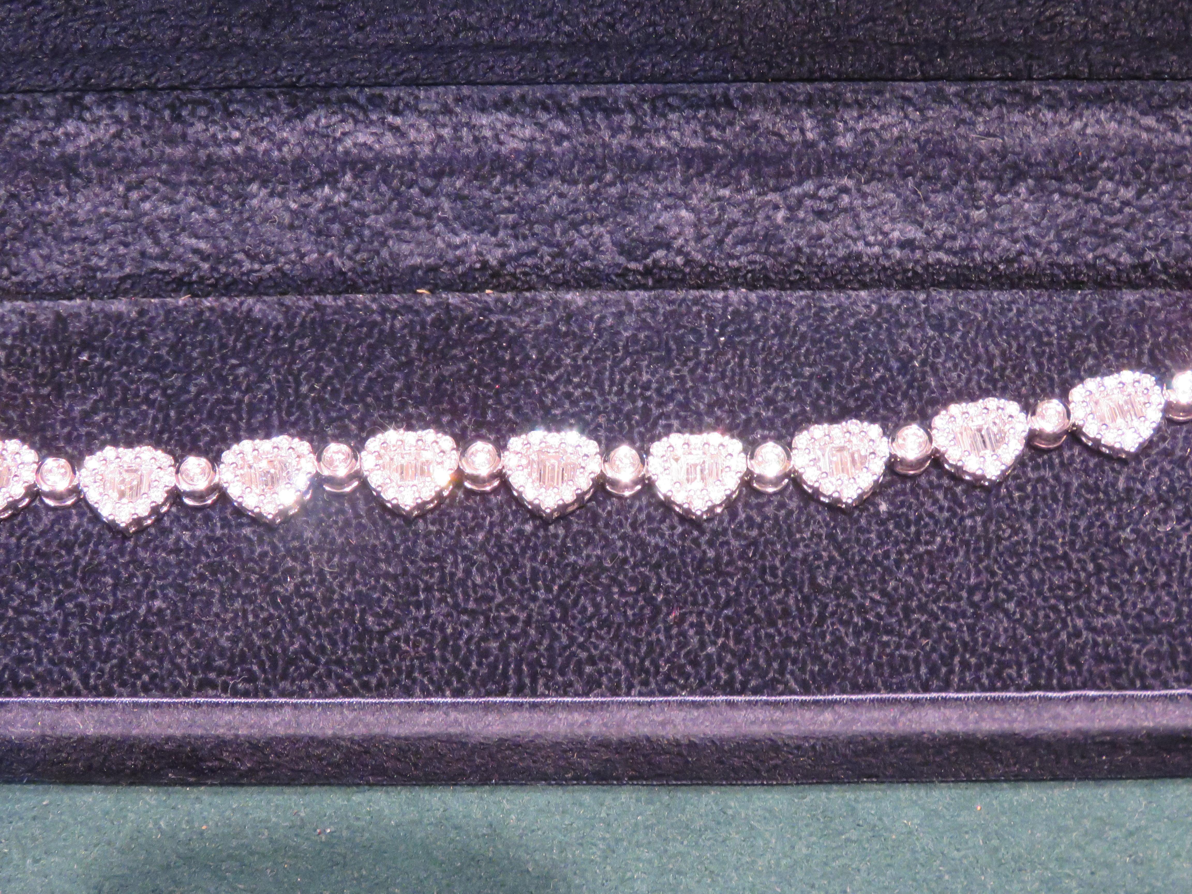 Mixed Cut  NWT $50, 345 Rare Glittering 18KT Large Fancy Heart Diamond Tennis Bracelet For Sale