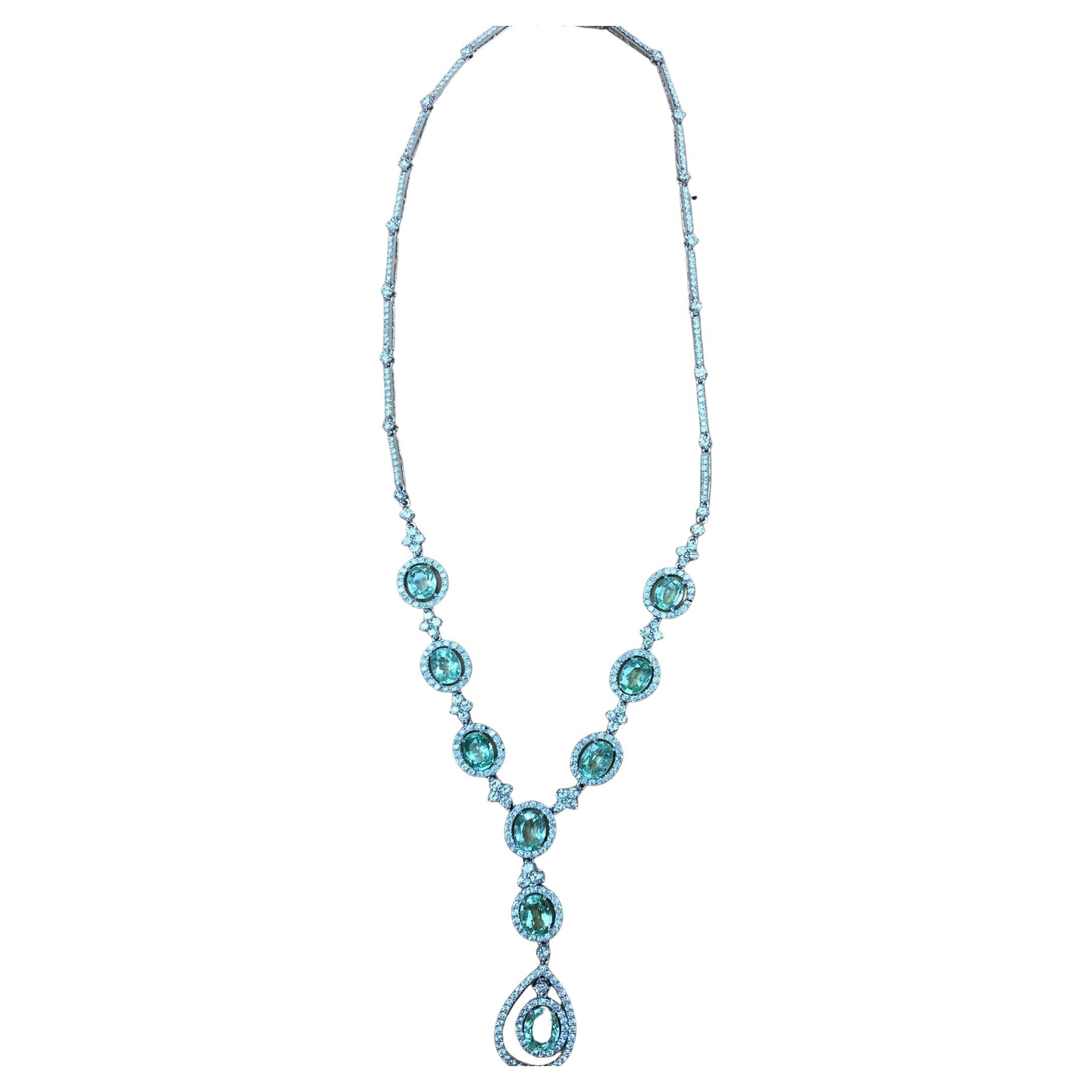 NWT 52, 000 18KT Magnificent Rare Fancy 13ct Paraiba Tourmaline Diamond Necklace For Sale