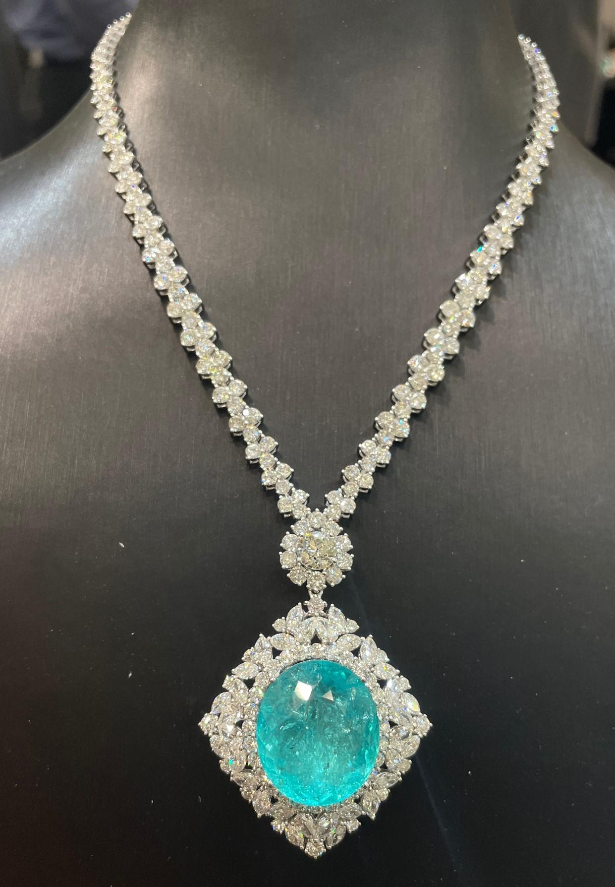 Mixed Cut NWT 525, 000 18KT Magnificent Rare Fancy 45ct Paraiba Tourmaline Diamond Necklace For Sale