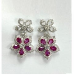 NWT $53, 800 18KT Gold Ruby Flower Fancy Rose Cut Diamond Dangle Drop Earrings
