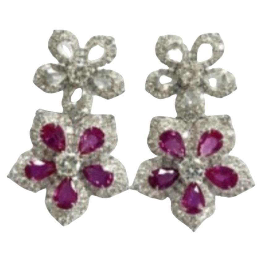 NWT $53, 800 18KT Gold Ruby Flower Fancy Rose Cut Diamond Dangle Drop Earrings