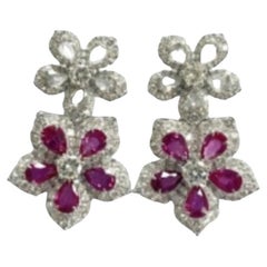 NWT $53, 800 18KT Gold Ruby Flower Fancy Rose Cut Diamond Dangle Drop Earrings