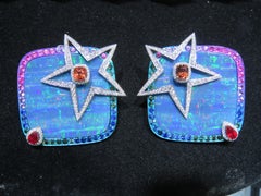 Nwt $54, 000 18kt Large Gorgeous Fiery Opal Rainbow Sapphire Diamond Earrings
