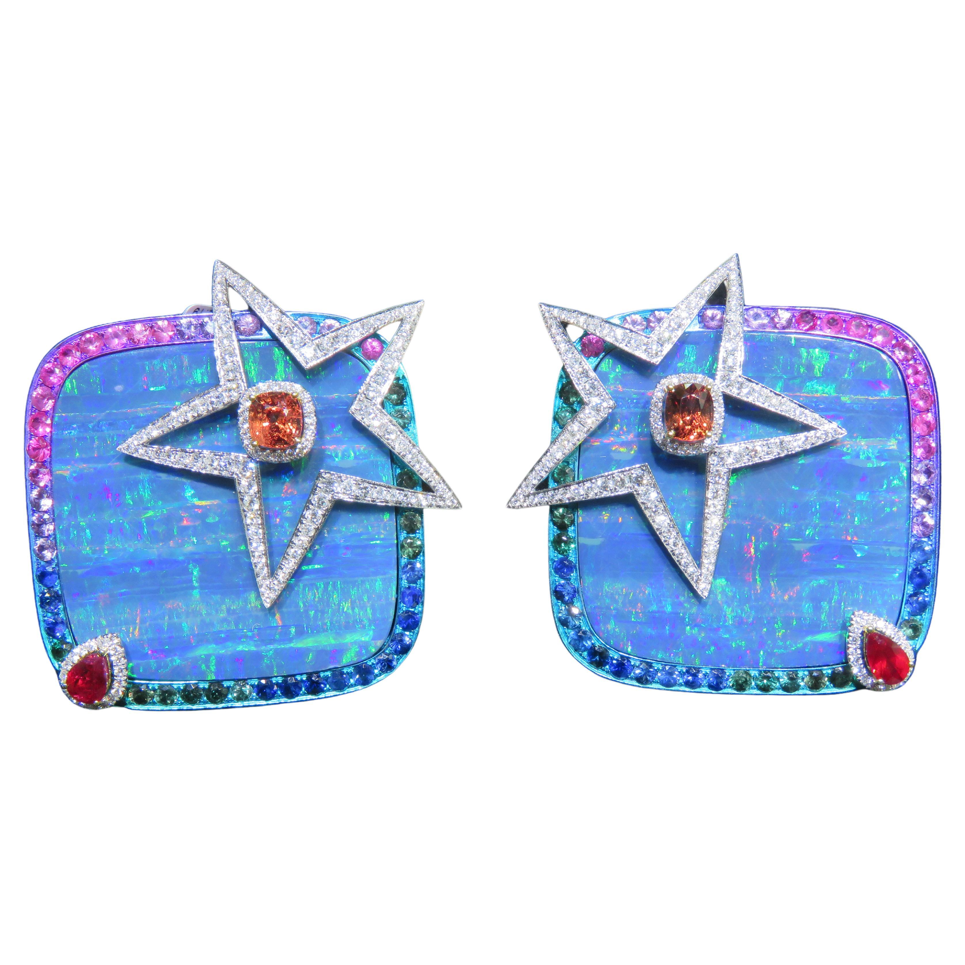 Nwt $54, 000 18kt Large Gorgeous Fiery Opal Rainbow Sapphire Diamond Earrings For Sale