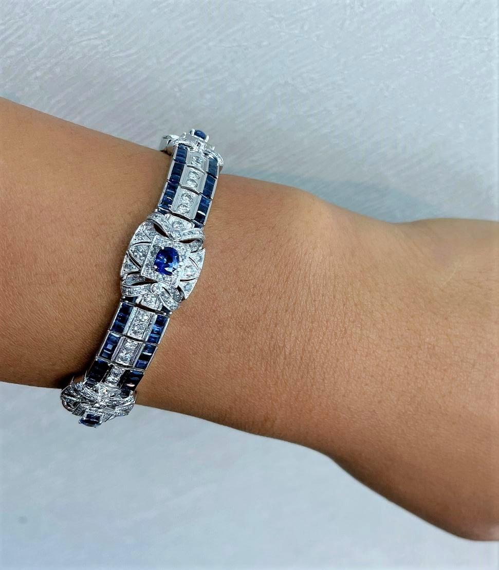 Rose Cut NWT $55, 500 Rare Platinum and Diamond 15CT Blue Sapphire Deco Style Bracelet For Sale