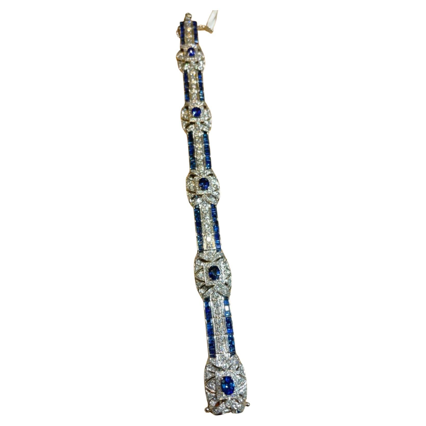 NWT $55, 500 Rare Platinum and Diamond 15CT Blue Sapphire Deco Style Bracelet For Sale