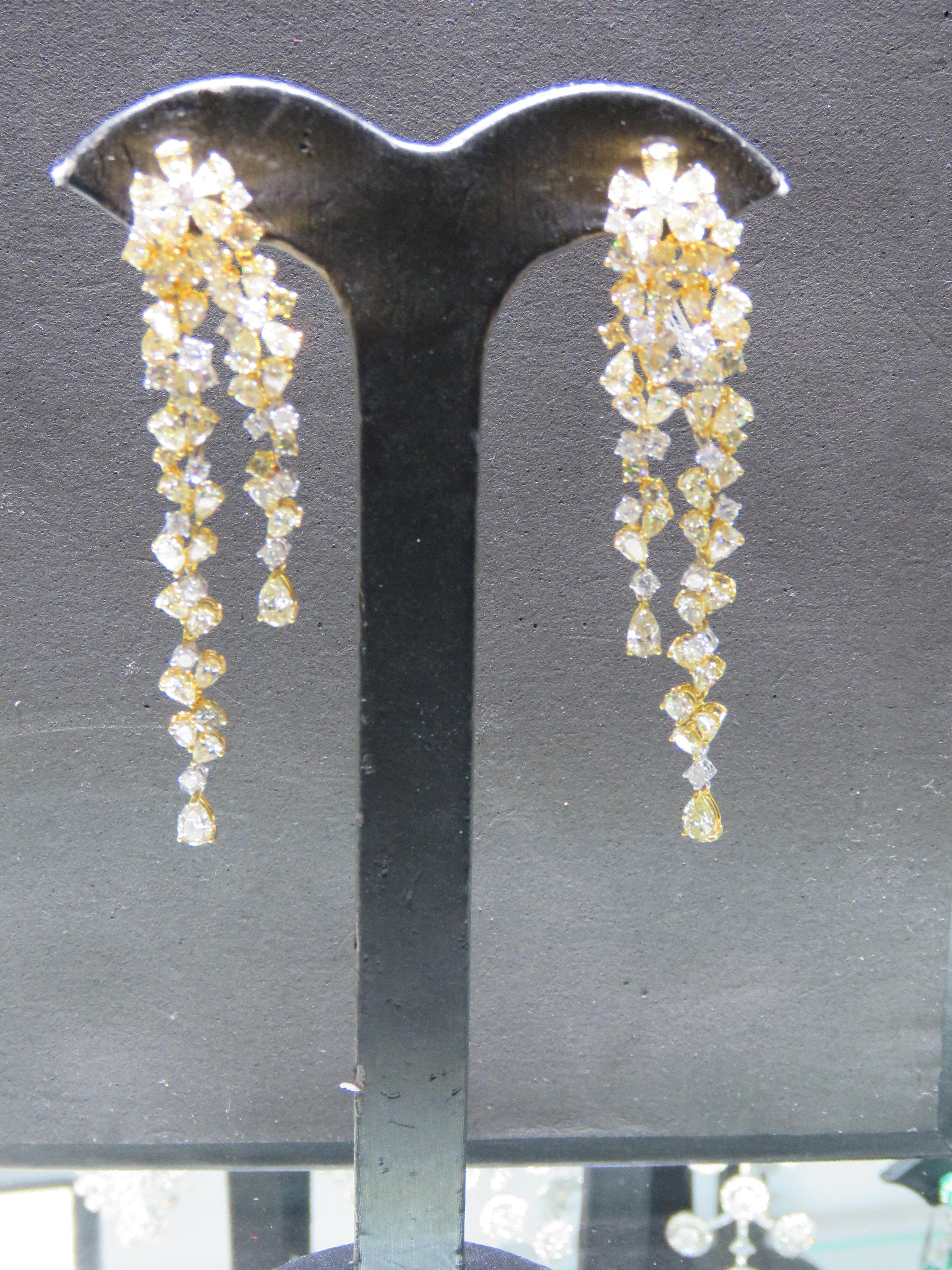 Mixed Cut NWT $58, 400 18KT Gold Fancy 12ct Gorgeous Glittering Yellow Diamond Earrings For Sale