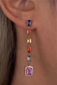 NWT 6, 000 18 Karat Gold Glittering Fancy Multi Sapphire Diamond Dangle Earrings