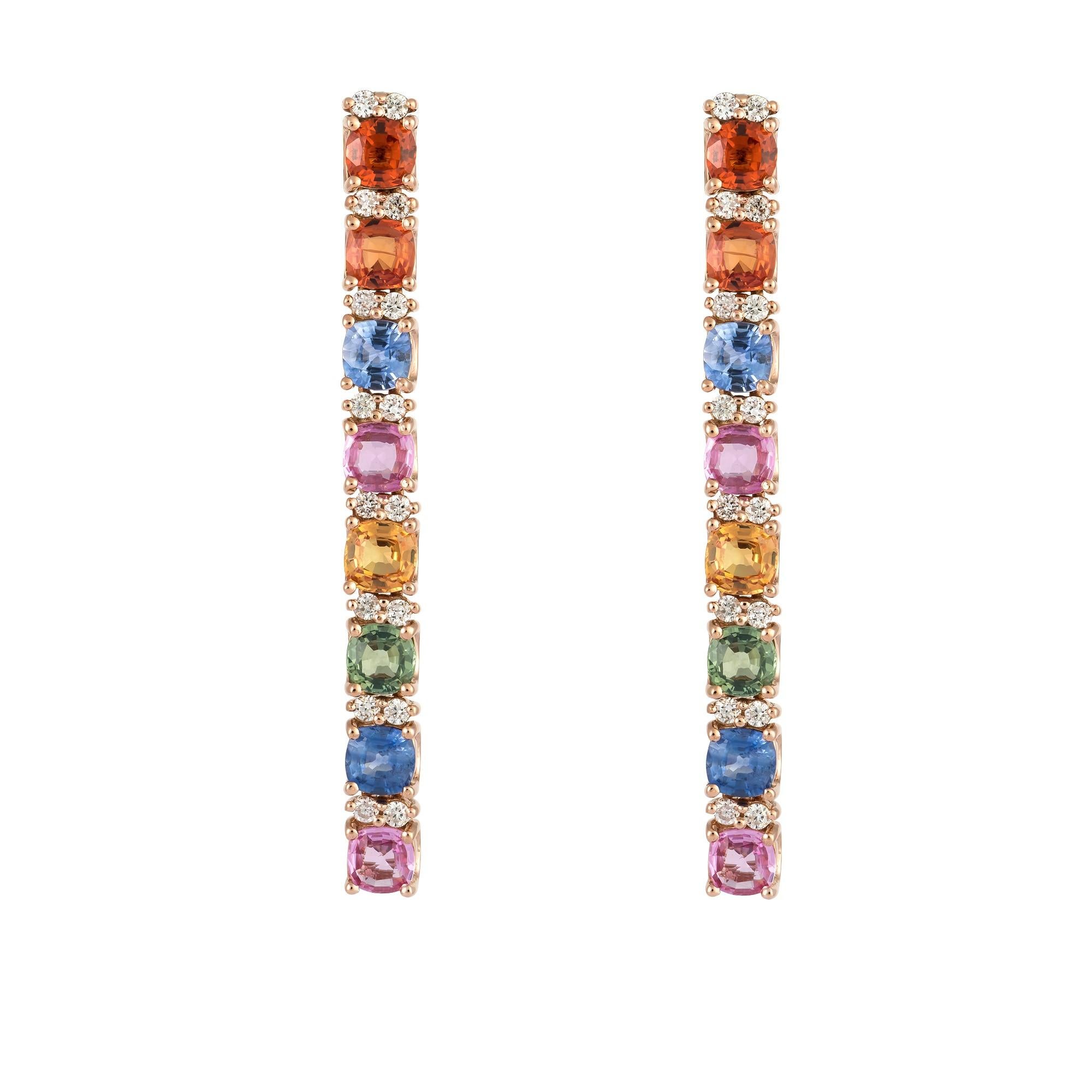 The Following Items we are offering is a Rare Important Radiant Pair of 18KT Gold Large Glistening Magnificent Large Fancy Multi Colored Rainbow Sapphire Diamond Dangle Earrings. Stones are Very Clean and Extremely Fine! Approx T.C.W. 6CTS!!! 
These