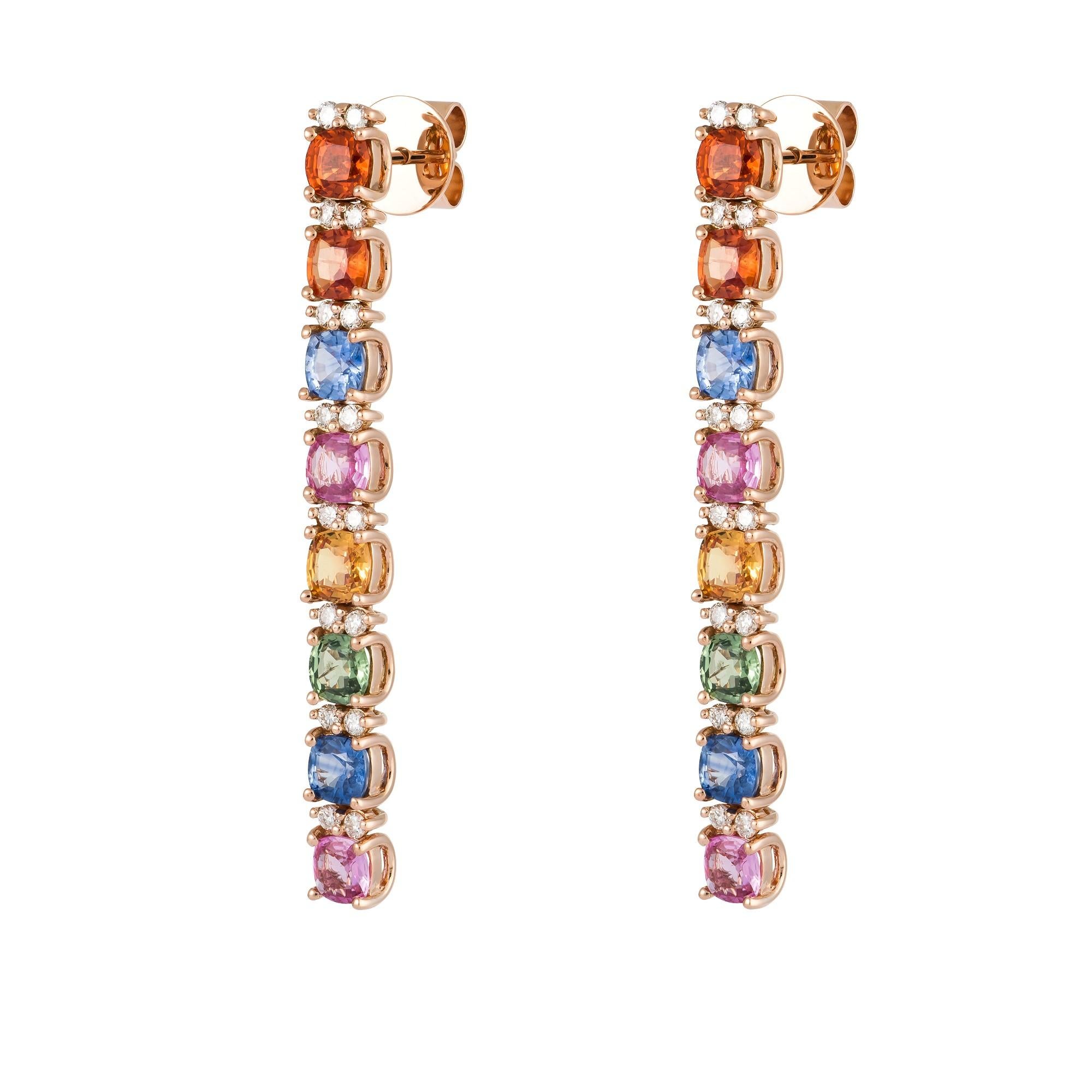 Round Cut NWT 6, 000 18 Karat Gold Glittering Fancy Multi Sapphire Diamond Dangle Earrings For Sale