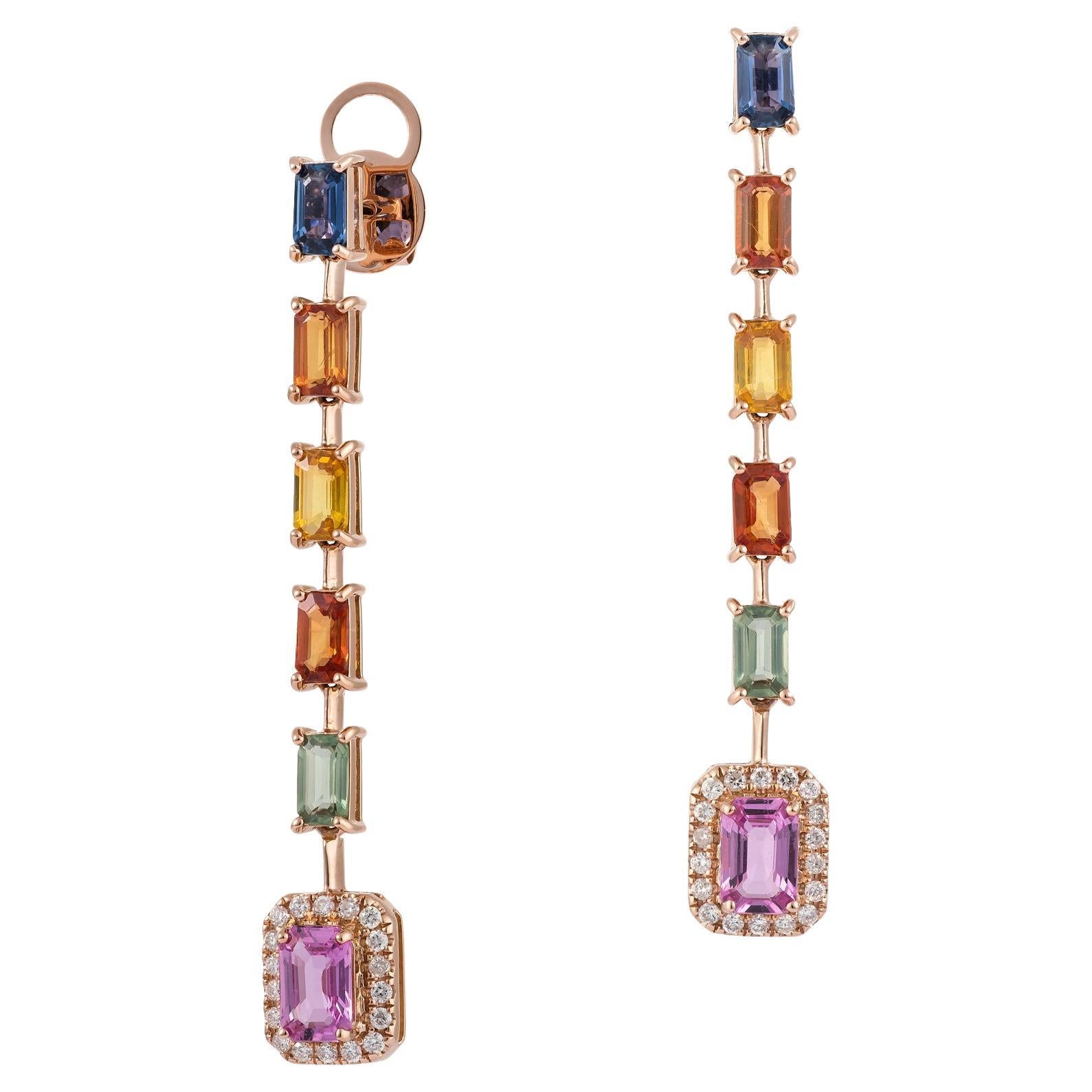 NWT 6, 000 18 Karat Gold Glittering Fancy Multi Sapphire Diamond Dangle Earrings