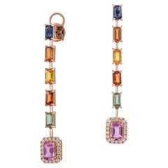 NWT 6, 000 18 Karat Gold Glittering Fancy Multi Sapphire Diamond Dangle Earrings
