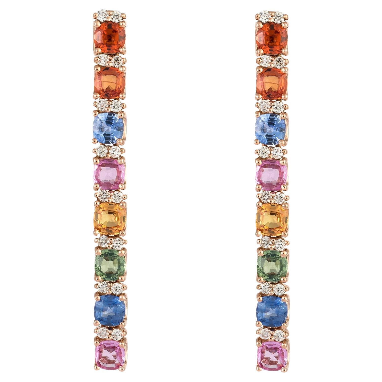 NWT 6, 000 18 Karat Gold Glittering Fancy Multi Sapphire Diamond Dangle Earrings For Sale
