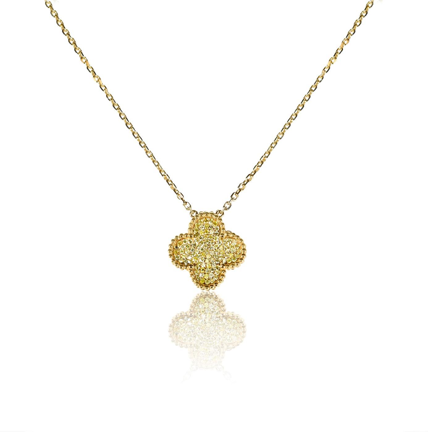 The Following Item we are offering is A Rare 18KT Gold Fancy Large Fancy Yellow Diamond Clover Necklace. Necklace is comprised of Finely Set Glittering Gorgeous Fancy Yellow Diamonds forming a Clover!!! The Diamonds are of Exquisite and Fine