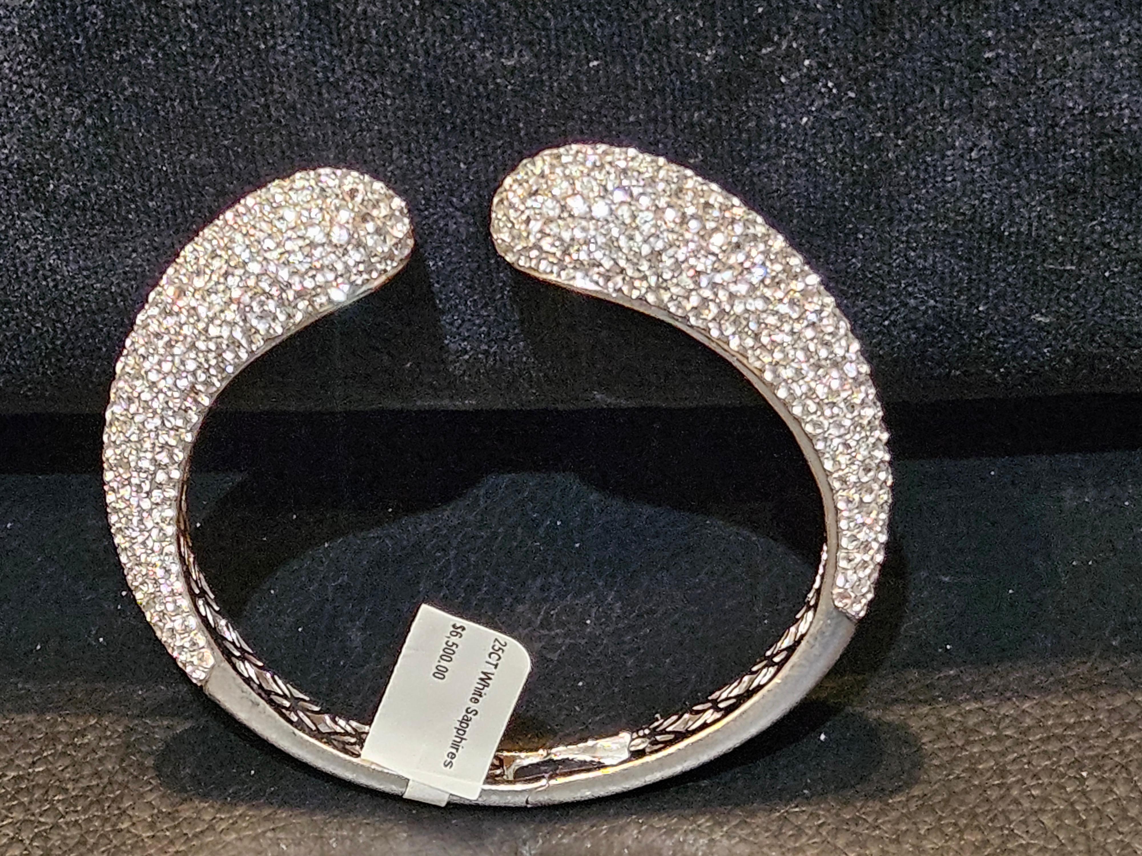 NWT $6, 500 Fancy Glittering 25CT White Sapphire Bracelet Bangle Cuff In New Condition For Sale In New York, NY