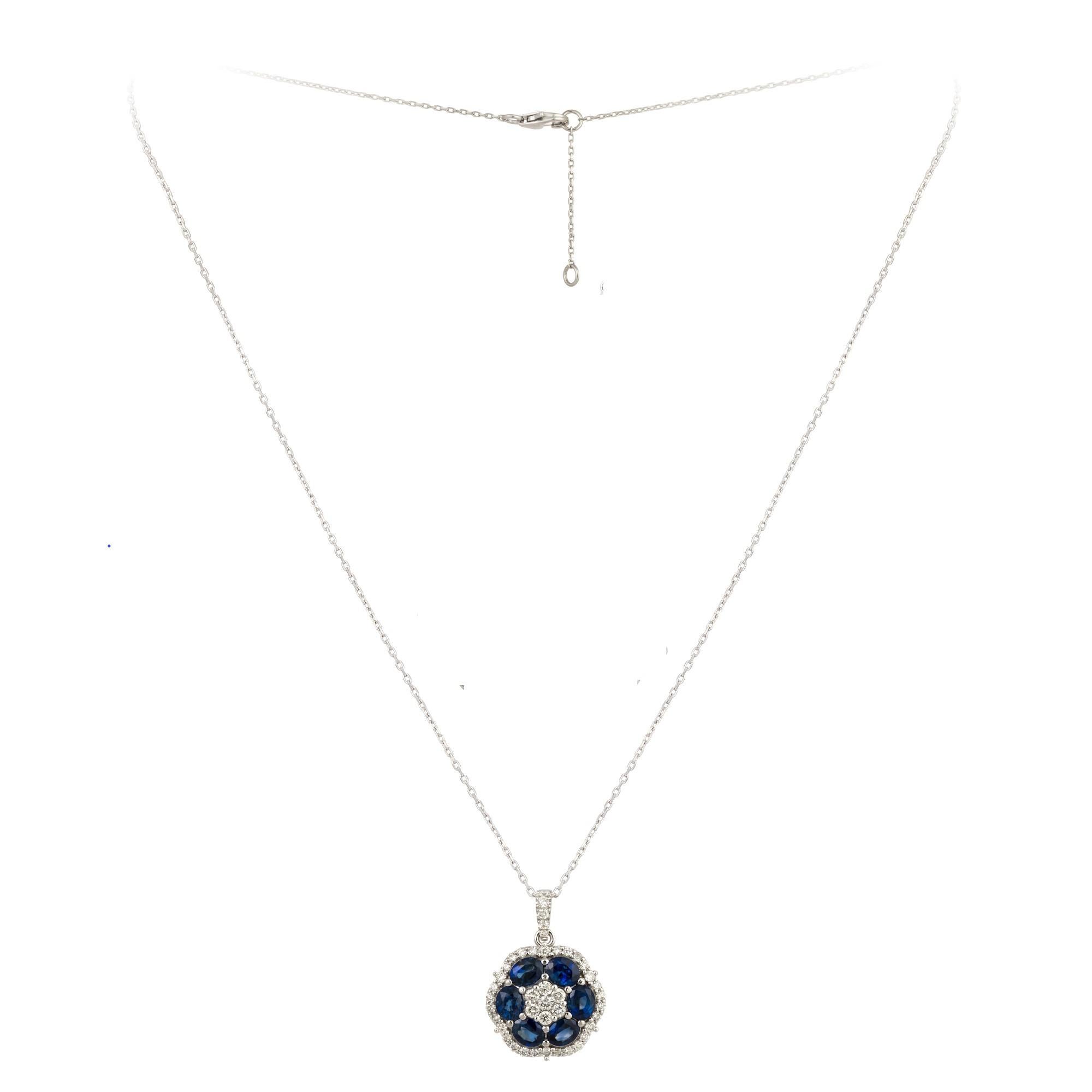 Mixed Cut NWT $6, 500 Rare 18Kt Gold Fancy Blue Sapphire Diamond Flower Pendant Necklace For Sale