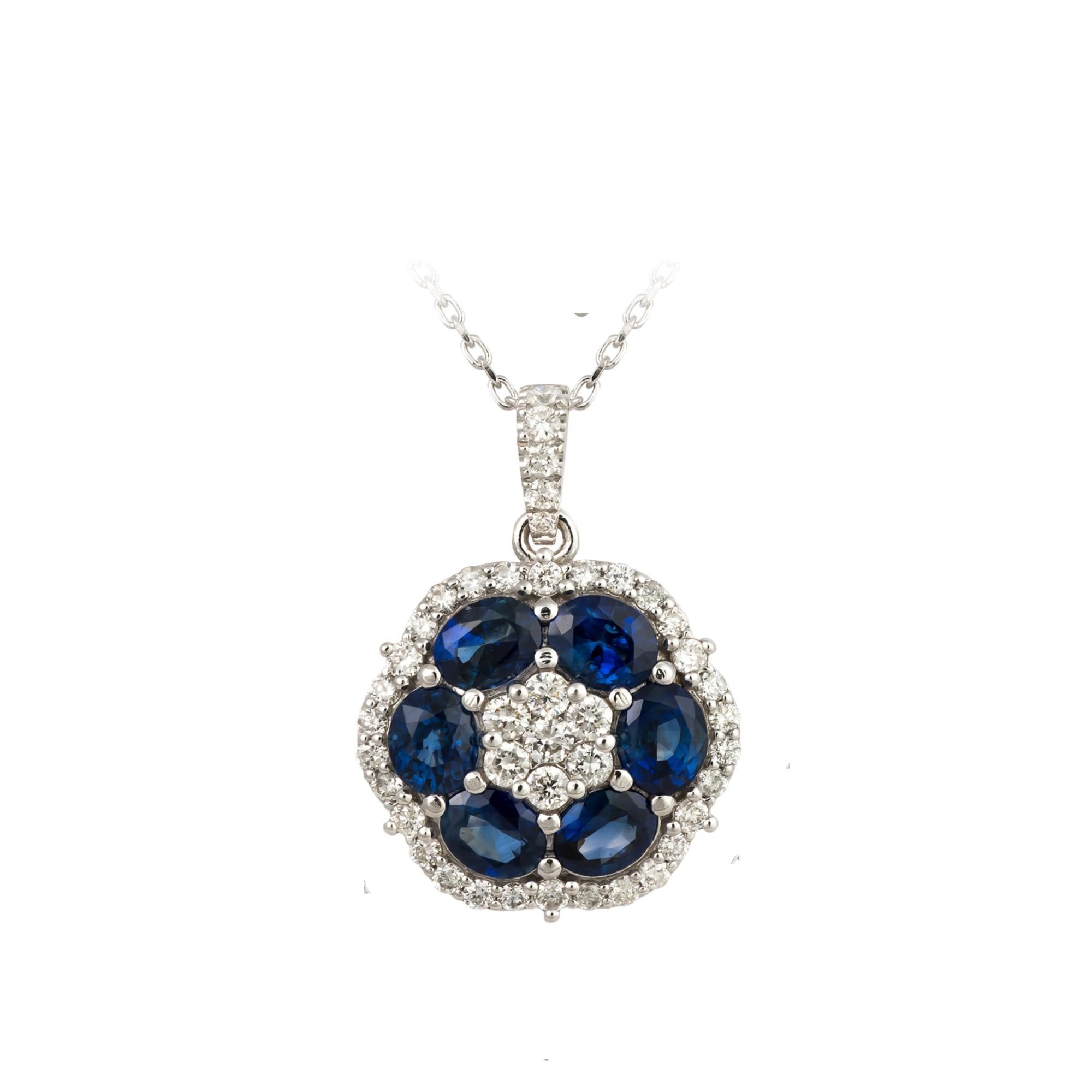 NWT $6, 500 Rare 18Kt Gold Fancy Blue Sapphire Diamond Flower Pendant Necklace For Sale