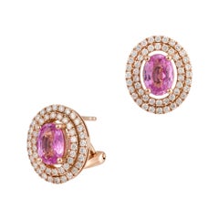 NWT $6, 600 18KT Gold Large Glittering Fancy Pink Sapphire Diamond Stud Earrings