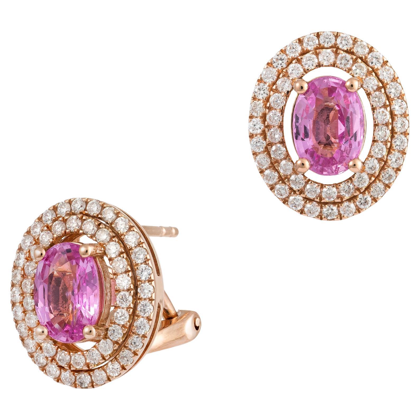 NWT $6, 600 18KT Gold Large Glittering Fancy Pink Sapphire Diamond Stud Earrings For Sale