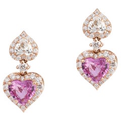 NWT $6, 800 18KT Gold Large Fancy Pink Sapphire Heart Diamond Dangle Earrings