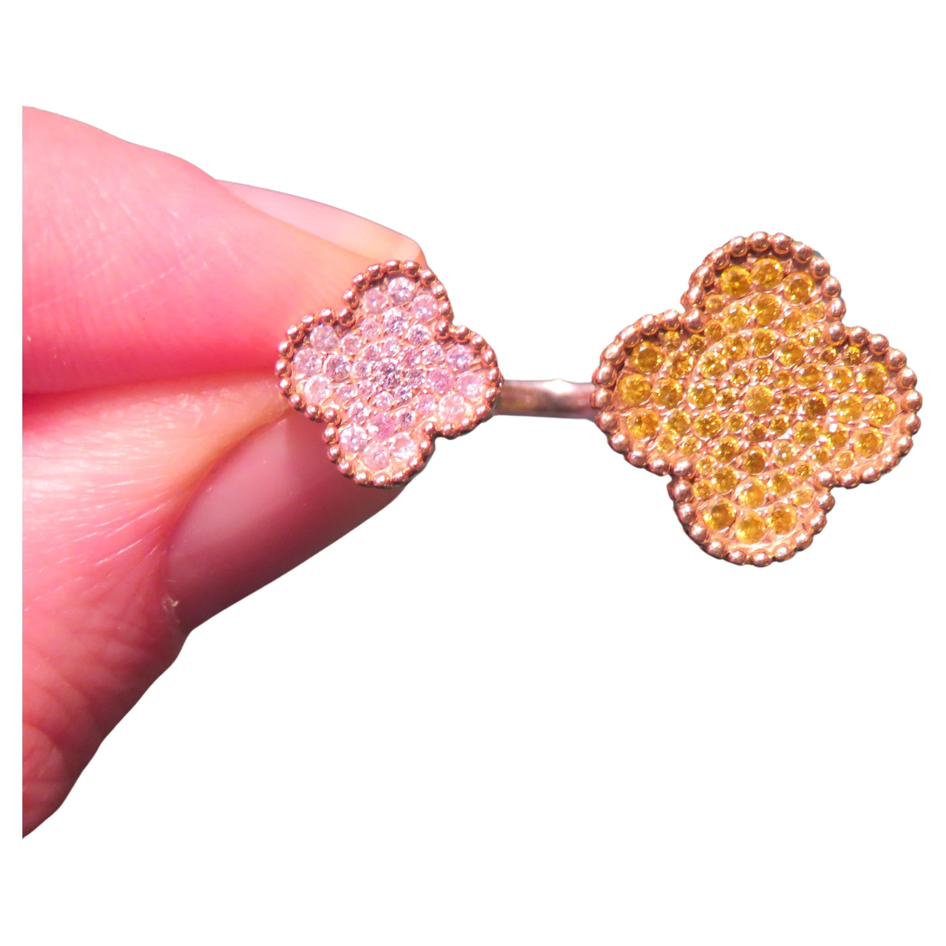 NWT $6, 821 Important 18KT Gold Fancy Yellow Diamond Clover Pink Diamond Ring For Sale