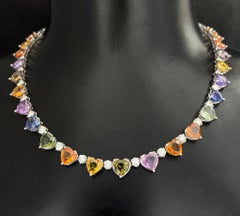 NWT 60, 000 18KT Magnifique Multi Rainbow 45CT Heart Sapphire Diamond Necklace