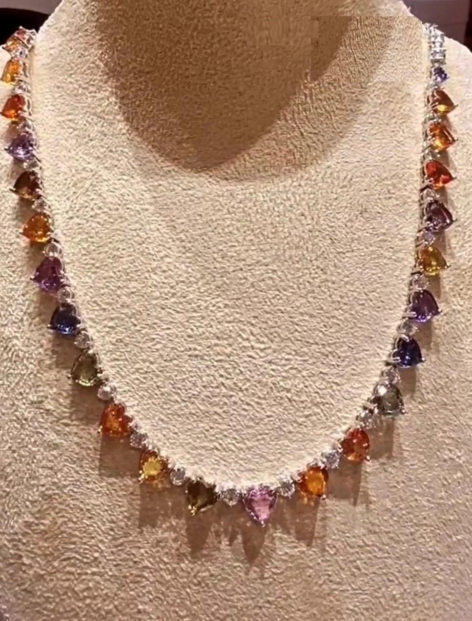 Mixed Cut NWT 60, 000 18KT Magnificent Multi Rainbow 45CT Heart Sapphire Diamond Necklace For Sale