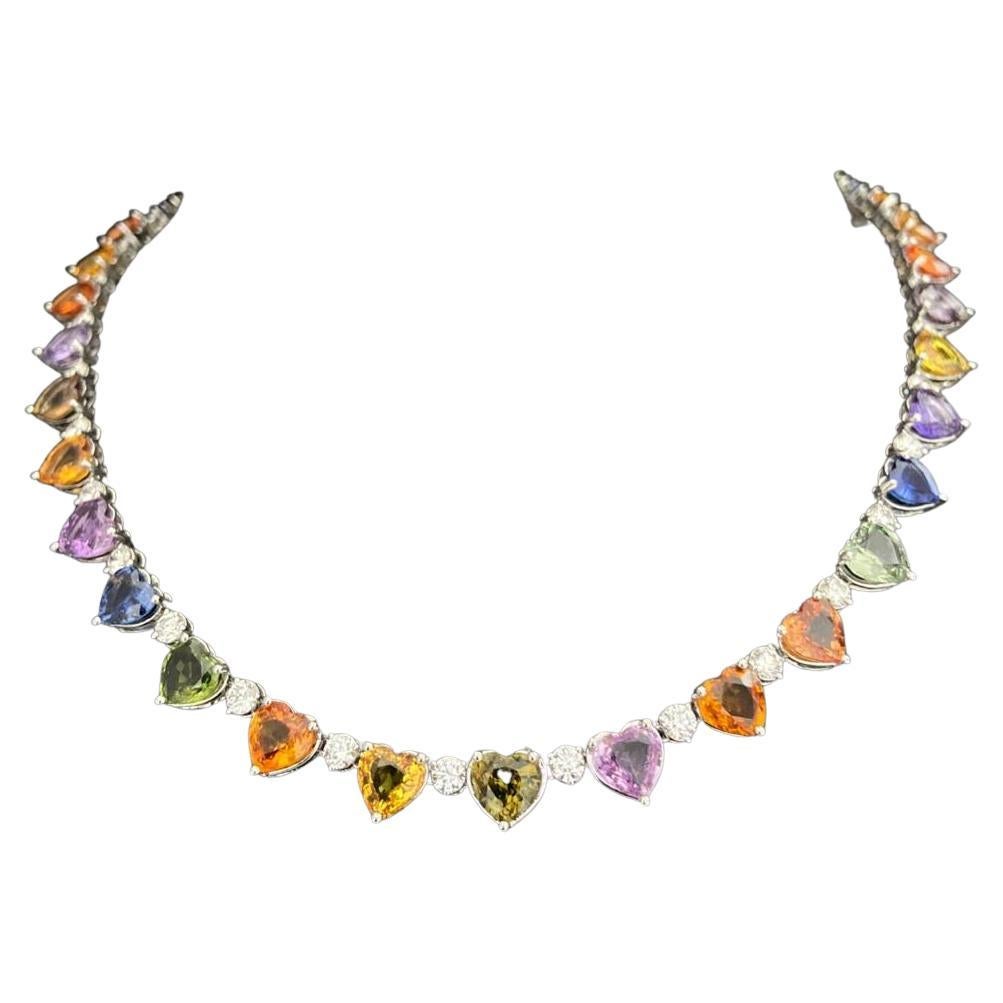 NWT 60, 000 18KT Magnificent Multi Rainbow 45CT Heart Sapphire Diamond Necklace For Sale