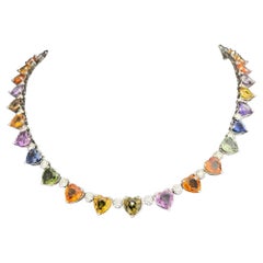NWT 60, 000 18KT Magnificent Multi Rainbow 45CT Heart Sapphire Diamond Necklace