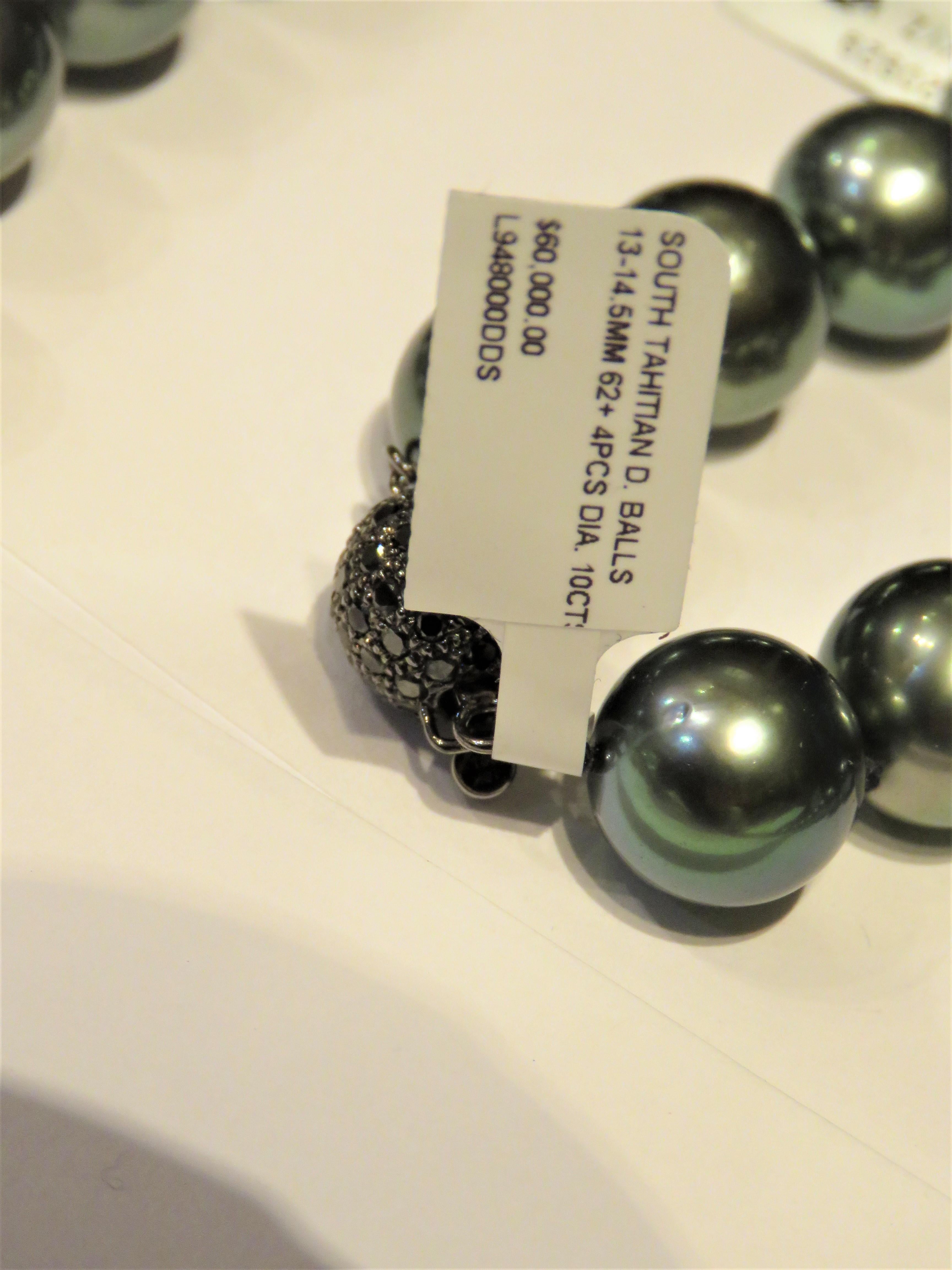 Round Cut NWT $60, 000 18KT Fancy Tahitian South Sea Large Pearl Black Diamond Necklace For Sale
