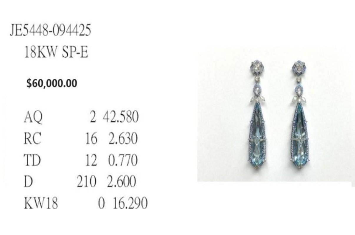Women's NWT $60, 000 Rare 18KT Gold & Platinum 50CT Gorgeous Aquamarine Diamond Earrings For Sale