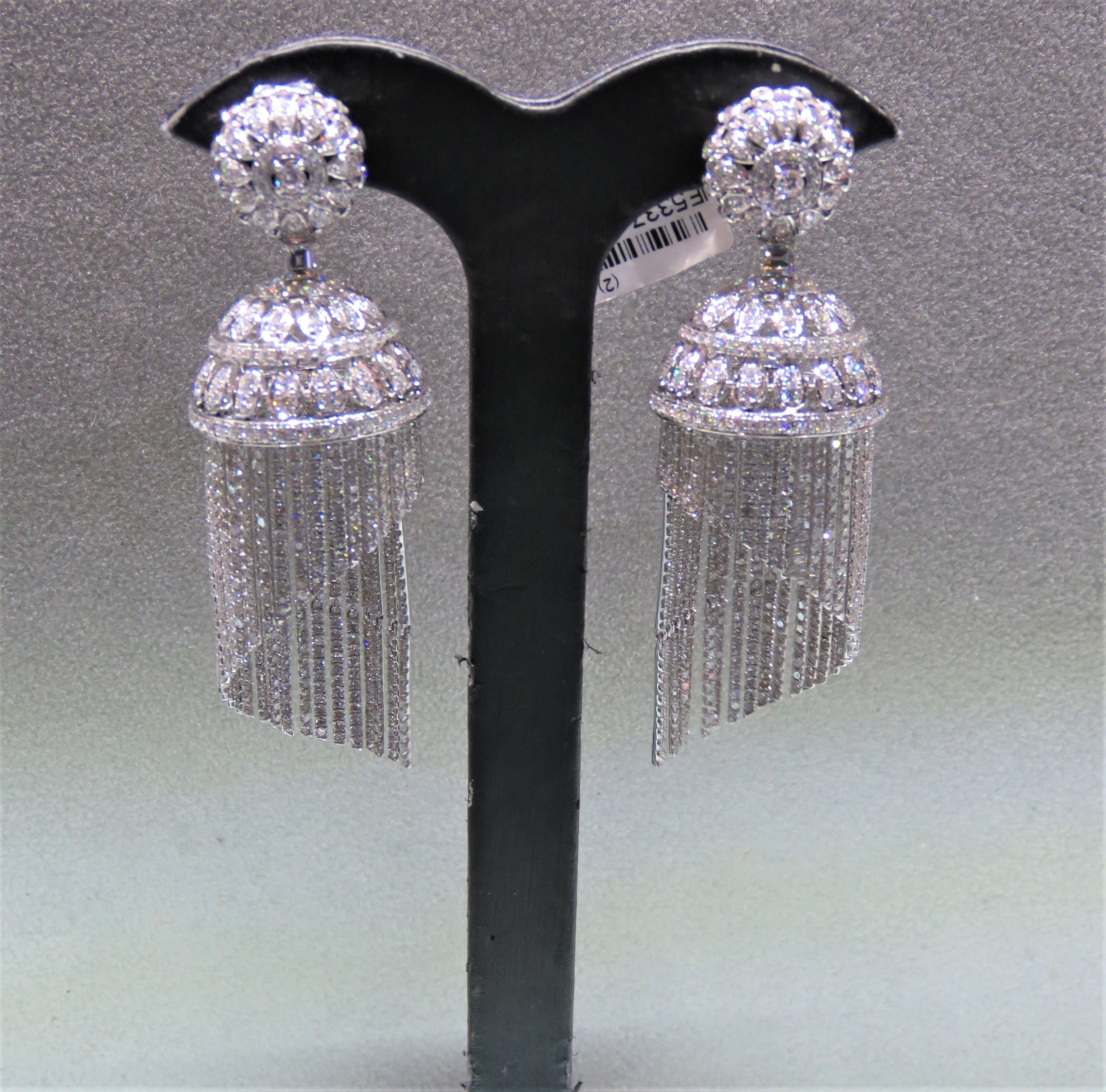 The Following Items we are offering is a Rare Important Radiant 18KT Gold Glamorous and Elaborate Rare Magnificent Glittering Diamond Fringe Design Earrings. Earrings feature RARE HANDSET SPARKLING DIAMONDS set in 18KT GOLD! T.C.W. Approx 15CTS!!